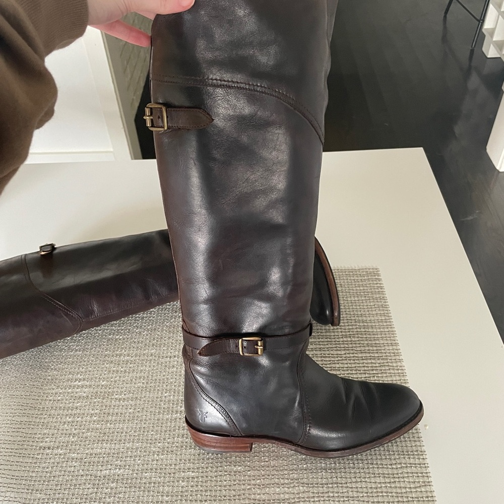Frye Dorado Buckle Riding Boot w/ Lug Sole, Dark Brown, Size 7.5,